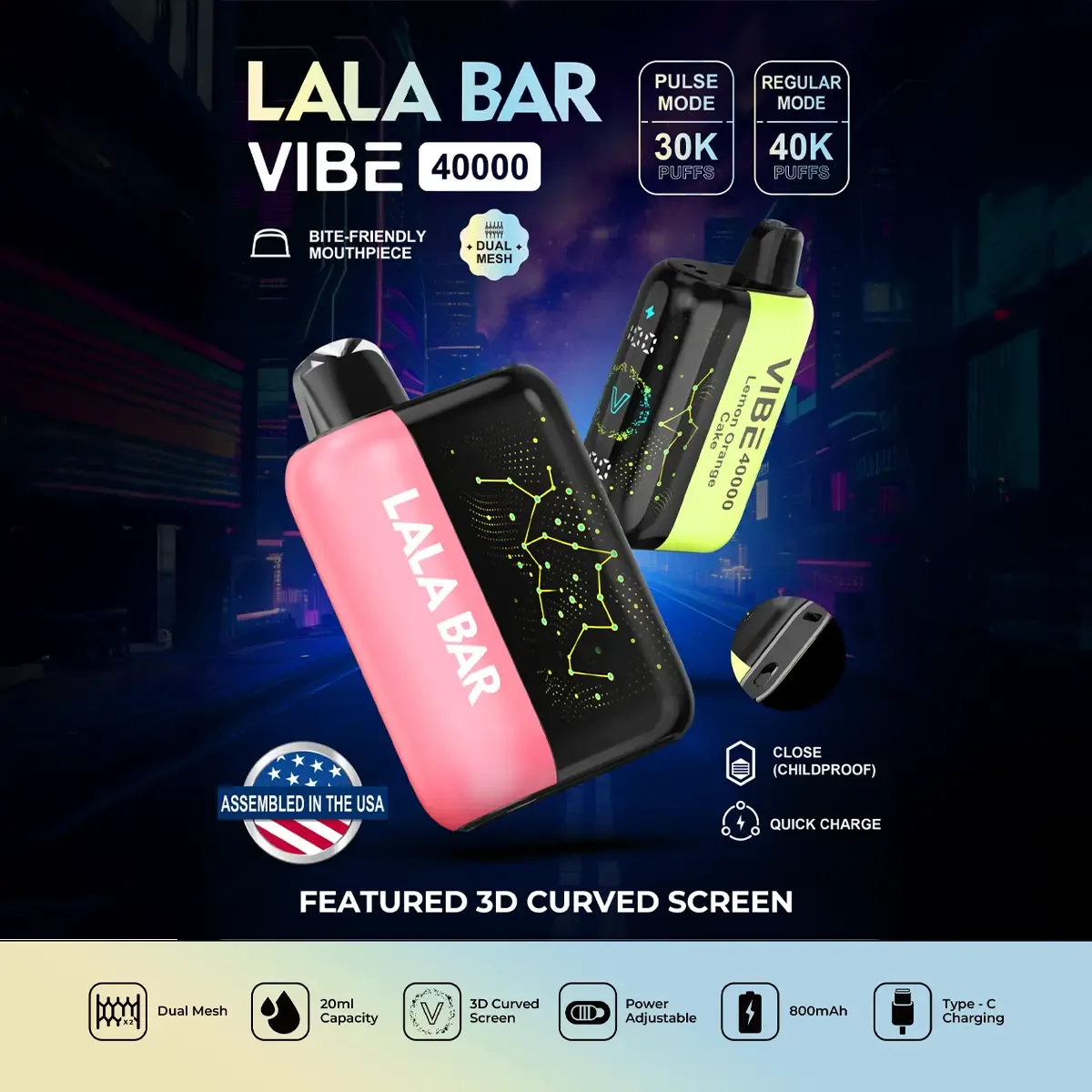Assembled in USA | LALA BAR Vibe 40K Puff Disposable Device – TEXAS COMPLIANT VERSION